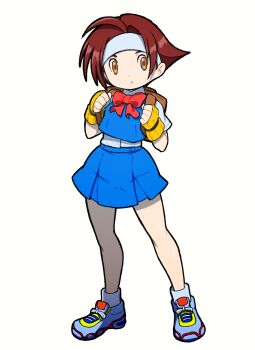 Rule 34 | 1girl, backpack, bag, beeru (veil8801), blue shoes, blue skirt, blue vest, bow, bowtie, brown bag, brown eyes, brown hair, buttons, collared shirt, dress shirt, fingerless gloves, full body, gloves, headband, highres, justice gakuen, legs apart, miniskirt, red bow, red bowtie, school uniform, shirt, shoes, short hair, short sleeves, simple background, skirt, skirt set, solo, standing, taiyou gakuen uniform, vest, wakaba hinata, white background, white headband, white shirt, yellow gloves