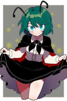 1girl antennae black_cape black_skirt blue_eyes bollzzalguy border cape center_frills closed_mouth collared_shirt commentary_request cowboy_shot cropped_legs curtsey fireflies frills green_hair grey_background highres long_sleeves looking_at_viewer outside_border red_cape shirt short_hair skirt smile solo touhou two-sided_cape two-sided_fabric white_border white_shirt wriggle_nightbug