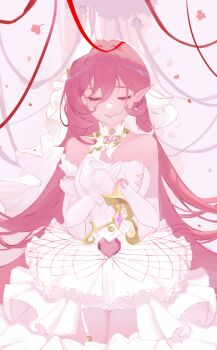 1girl bare_shoulders breasts closed_eyes closed_mouth collarbone commentary dress earrings elbow_gloves elf elysia_(herrscher_of_human:_ego)_(honkai_impact) elysia_(honkai_impact) english_commentary facing_viewer gloves hair_between_eyes highres honkai_(series) honkai_impact_3rd htt_(user_phhn3327) jewelry long_hair medium_breasts own_hands_together pink_hair pointy_ears red_ribbon ribbon solo stud_earrings triquetra very_long_hair white_dress white_gloves