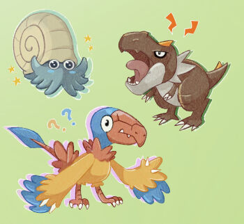 Rule 34 | ?, ??, archen, claws, dinosaur, fangs, gen 1 pokemon, gen 5 pokemon, gen 6 pokemon, green background, highres, itssacarose, looking at viewer, nintendo, no humans, omanyte, open mouth, pokemon, pokemon (creature), pterosaur, simple background, star (symbol), tail, tyrunt