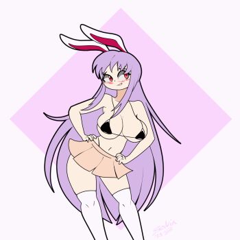 1girl animated animated_gif bikini blush bouncing_breasts breasts female_focus highres large_breasts looking_at_viewer purple_hair rabbit_ears rabbit_girl red_eyes reisen_udongein_inaba skirt solo standing swimsuit thighhighs thong topless_female touhou white_thighhighs zedrin