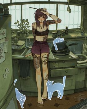 1girl arm_tattoo arm_up artist_logo barefoot black_sports_bra breasts brown_hair cat closed_mouth commentary cooking_pot dated dishes drawer fingernails flower_tattoo frills frying_pan full_body ghost heart heart_necklace heel_up high-waist_shorts highres holding holding_wand indoors jar jewelry kitchen ladle leaning_back leg_tattoo logo long_fingernails looking_to_the_side magnet medium_hair nail_polish necklace open_drawer original plant potted_plant red_shorts refrigerator refrigerator_magnet runes shorts simz sink small_breasts solo sports_bra standing stomach_tattoo tattoo tattoo_sleeve tile_floor tiles toenail_polish toenails towel wand white_nails window