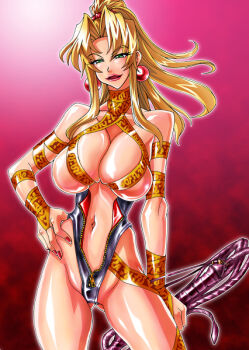 1990s_(style) blonde_hair breasts cleavage dominatrix huge_breasts retro_artstyle sofia spandex takara toushinden underboob whip zipper