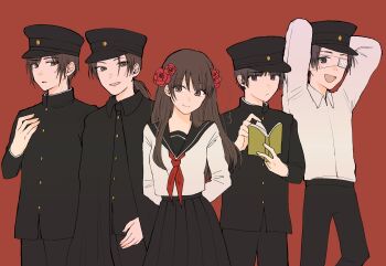 00benishake00 1girl 4boys arms_behind_back arms_behind_head arms_up axis_powers_hetalia black_cape black_eyes black_hair black_hat black_pants black_shirt black_skirt book breasts brown_eyes brown_hair buttons cape china_(hetalia) closed_mouth collared_shirt commentary_request cowboy_shot eyepatch fingernails flower hair_flower hair_ornament hand_up hat highres holding holding_book hong_kong_(hetalia) japan_(hetalia) korea_(hetalia) long_hair looking_at_viewer low_ponytail medium_breasts multiple_boys neckerchief open_book open_mouth pants peaked_cap pleated_skirt ponytail red_background red_flower red_neckerchief sailor_collar school_uniform serafuku shirt short_hair simple_background single_sidelock skirt smile standing taiwan_(hetalia)