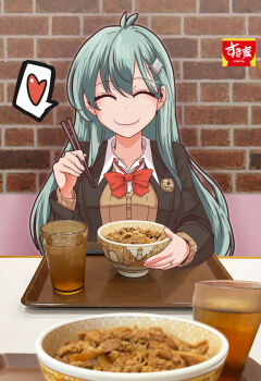 1girl aqua_hair blazer bow bowtie brick_wall brown_jacket chopsticks closed_eyes drink eating facing_viewer food food_focus gyuudon hair_ornament hairclip heart highres jacket kantai_collection long_hair pov_dating red_bow red_bowtie school_uniform smile solo spoken_heart sukiya suzuya_(kancolle) tsun'ichi_(tsun1)