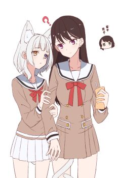 3girls :&lt; animal_ear_fluff animal_ears bang_dream! bang_dream!_it&#039;s_mygo!!!!! blue_eyes breasts brown_dress brown_hair brown_shirt cat_ears cat_girl cat_tail commentary_request dress green_eyes gumoyu hanasakigawa_school_uniform heterochromia holding_carton kaname_raana kemonomimi_mode long_hair medium_breasts medium_hair mole mole_under_eye multiple_girls neck_ribbon pleated_dress pleated_skirt purple_eyes red_ribbon ribbon sailor_collar sailor_dress school_uniform serafuku shiina_taki shirt short_hair simple_background skirt tail tail_around_another&#039;s_leg tail_wrap translation_request white_background white_hair white_sailor_collar white_skirt yahata_umiri yellow_eyes
