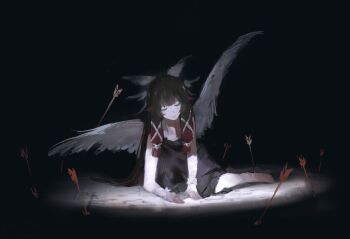 1girl absurdres arm_bow arm_support arrow_(projectile) bandaged_arm bandages barefoot black_background black_hair blunt_bangs blunt_tresses bow closed_eyes closed_mouth columbina_(genshin_impact) dress eye_mask eyelashes facing_viewer feathered_wings fuyutsuki11 genshin_impact hair_ribbon head_wings highres leaning_forward long_hair mask multicolored_hair multiple_wings open_hands planted planted_arrow red_hair ribbon smile solo spotlight streaked_hair toes tress_ribbon white_bow white_dress white_mask white_ribbon white_wings wings