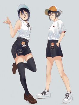 2girls artist_name baseball_cap black_hair bleach chainsaw_man character_doll choker crossover denji_(chainsaw_man) doll green_eyes hair_between_eyes hand_in_pocket hat high-waist_shorts highres jellyribbons kuchiki_rukia kurosaki_ichigo multiple_girls neck_ribbon open_mouth purple_eyes reze_(chainsaw_man) ribbon shirt short_sleeves shorts sleeveless standing standing_on_one_leg thighhighs white_shirt