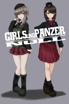 Rule 34 | 10s, 2girls, adapted uniform, adjusting hair, aged down, alternate hairstyle, ankle boots, beret, black footwear, black hat, black jacket, black legwear, black necktie, blunt bangs, boots, brown eyes, brown hair, closed mouth, combat boots, commentary request, contrapposto, copyright name, dress shirt, full body, garrison cap, girls und panzer, hand on own hip, hat, jacket, kuromorimine military uniform, lace-up boots, light brown hair, light smile, long hair, long sleeves, looking at viewer, medium skirt, military, military hat, military uniform, miniskirt, mityubi, multiple girls, necktie, nishizumi shiho, pleated skirt, red shirt, red skirt, selection university military uniform, shimada chiyo, shirt, short hair, simple background, skirt, socks, standing, white shirt