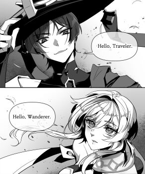 Rule 34 | 1boy, 1girl, absurdres, blunt ends, bodysuit, bridal gauntlets, cape, collarbone, covered collarbone, english text, eyelashes, fingernails, genshin impact, greyscale, halterneck, hat, hat tip, head tilt, highres, jingasa, lips, looking down, looking up, lumine (genshin impact), mandarin collar, middle ring, monochrome, open mouth, parted bangs, parted lips, scaramouche (genshin impact), scarf, short hair, short hair with long locks, sidelocks, single bare shoulder, speech bubble, sugarcanedove, teeth, tsurime, upper teeth only, wanderer (genshin impact)