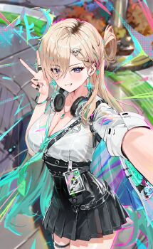 1girl absurdres aqua_hair aqua_necktie bad_id bad_twitter_id black_nails black_skirt blonde_hair blurry blurry_background blush breasts cleavage commentary cowboy_shot earrings fingernails gradient_hair grin hair_between_eyes hair_ornament hand_up headphones headphones_around_neck highres id_card jacket jewelry long_fingernails long_hair looking_at_viewer lynae_(wuthering_waves) medium_breasts mole multicolored_hair nail_polish necklace necktie purple_eyes shirt shirt_tucked_in skirt skull_hair_ornament smile solo sonchi star_(symbol) star_earrings symbol-only_commentary v very_long_hair white_jacket white_shirt wuthering_waves