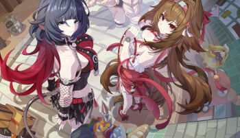 3girls absurdres animal_ears baguette bangboo_(zenless_zone_zero) black_hair black_one-piece_swimsuit black_sarong bread breasts brown_hair bupa_chila character_request chinese_commentary cleavage commentary_request dress fishnet_sleeves fishnets food fox_girl from_above green_eyes hairband highres jane_doe_(nocturne_of_light)_(zenless_zone_zero) jane_doe_(zenless_zone_zero) large_breasts long_braid long_hair looking_at_viewer mouse_ears mouse_girl mouse_tail multicolored_hair multiple_girls official_alternate_costume one-piece_swimsuit red_eyes red_hair red_one-piece_swimsuit sarong swimsuit tail two-tone_hair two-tone_one-piece_swimsuit very_long_hair white_dress white_hair white_hairband ye_shunguang zenless_zone_zero