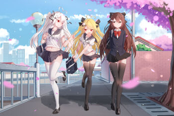 3girls :o absurdres ahoge arms_behind_back bad_id bad_pixiv_id bag bangle black_footwear black_jacket black_legwear black_ribbon black_sailor_collar black_skirt blazer blonde_hair blouse blue_sky blurry blurry_foreground blush bow bowtie bracelet breasts brown_eyes brown_hair building buttons cherry_blossoms cityscape closed_mouth cloud cloudy_sky collarbone collared_shirt commentary_request day depth_of_field duffel_bag groin hair_between_eyes hair_ornament hair_ribbon hairclip heart heart_ahoge highres holding holding_bag house huge_filesize jacket jewelry lamppost large_breasts leg_up light_particles loafers long_hair looking_at_another medium_breasts midriff miniskirt multiple_girls navel niliu_chahui one_eye_closed open_mouth original outdoors path pleated_skirt qys3 red_eyes red_neckwear ribbon road sailor_collar school_bag school_uniform serafuku shadow shirt shoes short_sleeves siblings sidelocks signature sisters skirt sky skyline smile stomach thighhighs tokisaki_asaba_(niliu_chahui) tokisaki_mio_(niliu_chahui) tree two_side_up undershirt v-shaped_eyebrows very_long_hair walking white_hair white_legwear white_shirt wing_collar wristband x_hair_ornament zettai_ryouiki