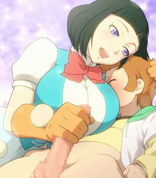 1boy 1girl :d age_difference animated black_hair blush bow bowtie breasts censored erection foreskin gloved_handjob gloves handjob heavy_breathing hetero large_breasts manda_sara mosaic_censoring mushiro_(nijie728995) nursing_handjob onee-shota open_mouth orange_gloves penis purple_eyes short_hair short_sleeves shota smile sound third-party_edit tomica_hyper_rescue_drive_head:_kidou_kyuukyuu_keisatsu video