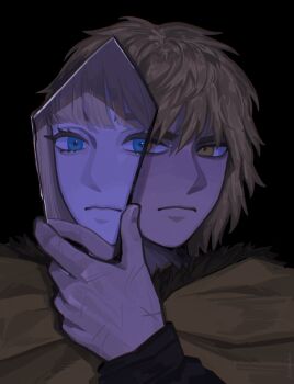 2boys androgynous black_background blonde_hair blue_eyes blunt_bangs brown_eyes canute closed_mouth eyelashes fur_trim highres holding holding_mirror joko_boo looking_at_viewer male_focus mirror multiple_boys multiple_scars scar scar_on_hand shards simple_background thorfinn upper_body vinland_saga