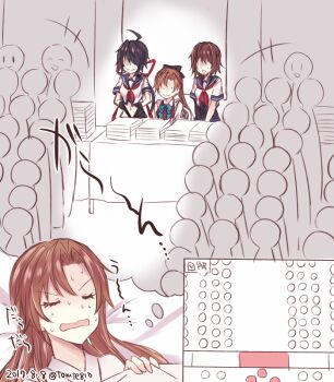 10s 3girls ahoge akigumo_(kancolle) asymmetrical_bangs black_hair blouse blue_bow blue_bowtie book book_stack bow bowtie brown_hair dated dreaming furutaka_(kancolle) hair_down hair_ribbon kabocha_torute kako_(kancolle) kantai_collection long_hair low_ponytail multiple_girls neckerchief ponytail queue red_neckerchief ribbon school_uniform serafuku shirt short_hair short_sleeves sleeping smile standing sweat wavy_mouth white_shirt