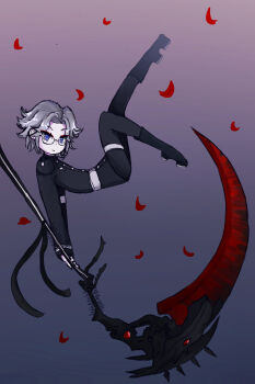 1boy aotsuki_eito blue_background blue_eyes closed_mouth eyebrows eyelashes full_body glasses gradient_background grey_hair highres holding holding_scythe holding_weapon last_defense_academy_school_uniform leg_up looking_at_viewer male_focus parted_hair pink_background scythe solo solo_focus the_hundred_line_-last_defense_academy- weapon white_hair