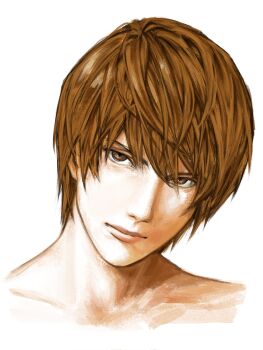 1boy brown_eyes brown_hair closed_mouth cropped_head cropped_shoulders death_note hair_between_eyes highres looking_at_viewer male_focus nose portrait ptviel short_hair simple_background solo white_background yagami_light