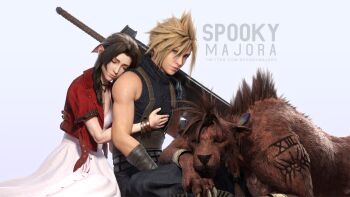 1boy 1girl 3d aerith_gainsborough animal armor artist_name bangle belt black_gloves black_pants black_shirt blonde_hair blue_eyes body_markings boots bracelet brown_belt brown_hair buster_sword choker claws closed_eyes cloud_strife couple cropped_jacket dress feather_hair_ornament feathers final_fantasy final_fantasy_vii final_fantasy_vii_remake flower_choker gloves hair_between_eyes hair_ornament hand_on_another&#039;s_chest hetero highres hug hug_from_behind jacket jewelry lap_pillow light_smile long_dress long_hair multiple_belts pants parted_bangs pauldrons pink_dress red_jacket red_xiii scar scar_across_eye scar_on_face shirt short_hair short_sleeves shoulder_armor sidelocks single_bare_shoulder single_pauldron sitting sleeveless sleeveless_turtleneck spiked_hair suspenders turtleneck twitter_username zain_rehman