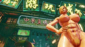 1girl 3d abs animated ass blonde_hair breasts capcom completely_nude falke_(street_fighter) female_focus game_mod game_screenshot green_eyes hair_over_one_eye highres holding holding_staff large_breasts mod nipples nude nude_mod shiny_skin slow_motion solo staff street_fighter street_fighter_v video video_game_screencap