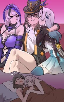 Rule 34 | 4girls, arm around shoulder, bed, black swan (honkai: star rail), breasts, cuddling, dreaming, female focus, firefly (honkai: star rail), glasses, grey hair, harem, highres, honkai: star rail, honkai (series), large breasts, march 7th (honkai: star rail), multiple girls, open mouth, pimp, pimp hat, pink hair, sleeping, smile, speech bubble, stelle (honkai: star rail), thought bubble, toothpick, trailblazer (honkai: star rail), ukaya masaru, yuri