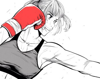 Rule 34 | 1girl, boxing, boxing gloves, breasts, collarbone, commentary request, gloves, greyscale, hatching (texture), highres, lee (dragon garou), light blush, medium breasts, midriff, monochrome, mouth guard, original, punching, red gloves, short twintails, sideboob, solo, sports bra, spot color, sweat, twintails