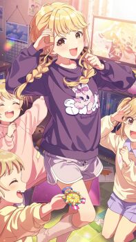 blonde_hair book bookshelf bow braid calendar closed_eyes cloud drawing_(object) english_text fang fujita_kotone gakuen_idolmaster game_cg holding holding_microphone idolmaster low_twin_braids microphone official_art one_eye_closed open_mouth rainbow red_eyes short_shorts shorts siblings skin_fang stuffed_animal stuffed_toy teddy_bear television twin_braids yellow_eyes