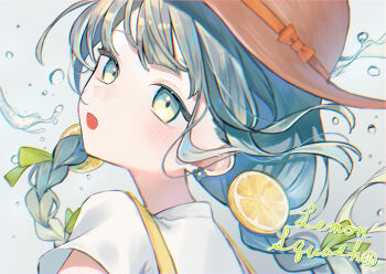 1girl adzusaki blue_eyes blue_hair bow braid commentary_request earrings english_text flower_earrings food fruit hair_ribbon hat hat_bow hatsune_miku highres jewelry lemon lemon_slice lemon_squash_(vocaloid) long_hair looking_at_viewer looking_back multicolored_eyes open_mouth portrait ribbon short_sleeves solo song_name suspenders twin_braids vocaloid water water_drop yellow_eyes