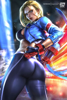 1girl absurdres ahoge ass black_gloves black_pants black_sports_bra blonde_hair blue_eyes blue_jacket breasts cammy_white clenched_hand cropped_jacket deviantart_username facial_scar fingerless_gloves gloves highres huge_ahoge jacket logan_cure medium_breasts open_clothes open_jacket pants patreon_username scar scar_on_cheek scar_on_face sideboob solo sports_bra street_fighter street_fighter_6 studded_jacket twitter_username yoga_pants zipper zipper_pull_tab