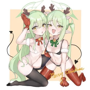 all_fours anniu_(user_vemd7787) antlers bell bikini black_bikini black_tail black_thighhighs blue_archive blush breasts commentary demon_tail fang gloves green_hair green_halo halo highres hikari_(blue_archive) horns kneeling long_hair merry_christmas navel nozomi_(blue_archive) open_mouth pointy_ears red_gloves red_thighhighs reindeer_antlers siblings simple_background sisters small_breasts stomach swimsuit tail thighhighs twins twintails white_bikini yellow_eyes