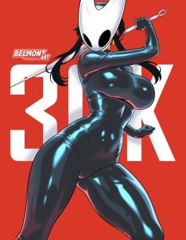 absurdres belmont_art black_bodysuit black_eyes black_hair black_sclera bodysuit breasts bug_mask colored_sclera cosplay covered_navel earrings fighting_stance from_above hairband highres holding holding_needle hollow_knight hollow_knight:_silksong hornet_(hollow_knight) hornet_(hollow_knight)_(cosplay) jewelry large_breasts long_hair mask needle numbered red_background sidelocks signature simple_background spy_x_family wide_hips yor_briar