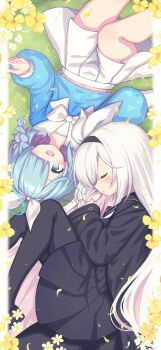 2girls :d absurdres arona_(blue_archive) black_hairband black_jacket black_pantyhose black_sailor_collar black_shirt black_shoes black_skirt blue_archive blue_eyes blue_hair blue_shirt blush braid commentary_request flower hair_over_one_eye hair_ribbon hairband highres jacket long_sleeves lying midriff_peek multicolored_hair multiple_girls navel on_back on_grass on_side open_clothes open_jacket open_mouth pantyhose parted_lips pink_hair plana_(blue_archive) pleated_skirt puffy_long_sleeves puffy_sleeves ribbon sailor_collar sasakura_momiji shirt shoes single_braid skirt smile two-tone_hair white_hair white_hairband white_ribbon white_sailor_collar white_skirt yellow_flower