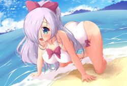 Rule 34 | 1girl, all fours, ass, bare arms, bare legs, beach, blue eyes, blue sky, blush, bow, breasts, cleavage, cloud, collarbone, commentary, commission, day, dot nose, english commentary, ether core, hair bow, hair over one eye, highres, horizon, large breasts, long hair, looking at viewer, ocean, one-piece swimsuit, open mouth, original, outdoors, purple hair, sky, smile, solo, swimsuit, white one-piece swimsuit