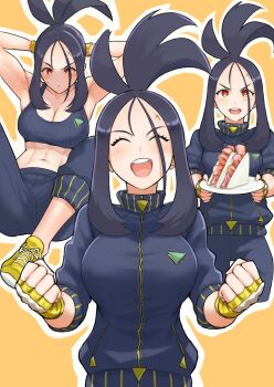 1girl abs alternate_costume anagumasan armpits arms_behind_head arms_up black_hair black_jacket black_pants black_tank_top blush breasts cleavage clenched_hands closed_eyes commentary_request dendra_(pokemon) exercising fingerless_gloves food forehead gloves highres holding holding_plate jacket large_breasts looking_at_viewer multiple_views muscular muscular_female nintendo open_mouth orange_eyes pants plate pokemon pokemon_sv scar scar_on_face scar_on_forehead shoes smile sneakers sweat tank_top teeth track_jacket upper_teeth_only yellow_background yellow_gloves yellow_shoes zipper
