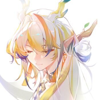 1girl absurdres arknights blonde_hair blue_hair chinese_commentary closed_eyes closed_mouth commentary_request dragon_girl dragon_horns eastern_dragon_horns eyeliner highres horns long_hair makeup multicolored_hair orange_eyeliner pointy_ears portrait shi'er_youshui shu_(arknights) smile solo streaked_hair white_background white_hair