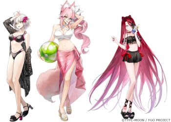 animal_ear_fluff animal_ears ball bare_shoulders beachball bikini black_bikini black_shirt black_skirt blush bow braid breasts choker cleavage commentary_request cup fate/grand_order fate_(series) flower fox_ears fox_girl fox_tail full_body glasses grey_hair hair_between_eyes hair_bow hair_flower hair_ornament high_heels holding holding_ball holding_beachball iris_(tb33064667) jeanne_d'arc_alter_(fate) koyanskaya_(fate) large_breasts long_hair long_sleeves looking_at_viewer miniskirt navel off_shoulder open_mouth pink_hair pink_sarong ponytail red_hair sandals sarong shirt short_hair sidelocks skirt small_breasts smile swimsuit tail typhon_ephemeros_(fate) very_long_hair white_bikini white_bow yellow_eyes