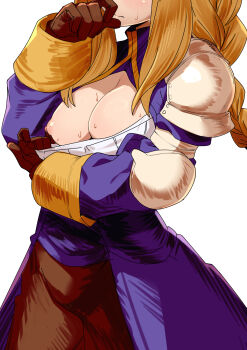 1girl agrias_oaks armor blonde_hair braid breasts brown_gloves brown_pants closed_mouth clothes_pull commentary elbow_pads english_commentary final_fantasy final_fantasy_tactics gloves head_out_of_frame highres large_breasts long_hair mixed-language_commentary morisobo nipples pants pauldrons shoulder_armor shoulder_pads simple_background single_braid solo sweat white_background