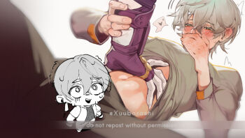 2boys black_gloves black_pants blurry blush bulge censored character_censor chibi clothes_lift commentary covering_own_mouth english_commentary erection erection_under_clothes fingernails gloves gold_ring grabbing_another&#039;s_arm grey_hair grey_shirt hair_between_eyes half-closed_eyes hand_blush heart heart-shaped_pupils jewelry male_focus multiple_boys multiple_rings navel novelty_censor pants pinfuyu ring shirt shirt_lift short_hair spoken_heart stomach symbol-shaped_pupils torso_grab twitter_username von_lycaon white_background white_fur wise_(zenless_zone_zero) yaoi zenless_zone_zero