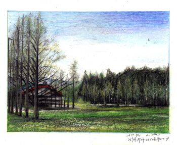 baden_hiroshi blue_sky border building colored_pencil_(medium) commentary_request dated day field forest highres nature no_humans original outdoors scenery sky traditional_media tree white_border