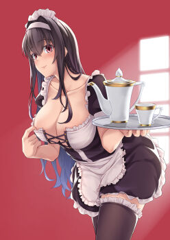 1girl absurdres alternate_costume apron black_dress black_hair black_thighhighs breasts cleavage closed_mouth collarbone commentary_request crossed_bangs cup dress enmaided female_focus frilled_apron frilled_thighhighs frills hair_between_eyes hair_intakes highres holding holding_tray kasumigaoka_utaha large_breasts leaning_forward long_hair looking_at_viewer maid maid_apron maid_headdress puffy_short_sleeves puffy_sleeves purple_eyes rebutsu red_background saenai_heroine_no_sodatekata short_dress short_sleeves sidelocks simple_background smile solo tea tea_set teacup teapot thighhighs tray very_long_hair waist_apron white_apron window wrist_cuffs