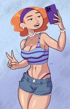 1girl absurdres bracelet breasts cellphone commentary crop_top denim denim_shorts earrings english_commentary headband highres holding holding_phone jewelry jumpdriiver kim_possible_(series) liz_(kim_possible) medium_breasts navel necklace orange_hair panties panty_straps pearl_bracelet pearl_earrings pearl_necklace phone purple_headband purple_panties selfie short_shorts shorts smartphone solo striped_tank_top tank_top two-tone_tank_top underwear v