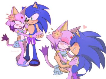 1boy 1girl animal_ears artist_name bikini blaze_the_cat blue_bikini blue_fur blush cat_ears cat_girl cat_tail fang flower furry furry_female furry_male green_eyes heart highres holding_hands midriff open_mouth purple_fur purple_shorts shorts simple_background smile sonic_(series) sonic_the_hedgehog swimsuit tail white_background yellow_eyes yeonwu08