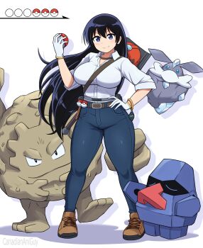 1girl arato_nagi belt black_hair blue_eyes blush breasts canadiananiguy carbink closed_mouth collared_shirt crossover denim earrings gen_1_pokemon gen_3_pokemon gen_6_pokemon gloves graveler hammer helmet highres holding holding_poke_ball jeans jewelry large_breasts long_hair looking_at_viewer mega_stone mining_helmet nintendo nosepass pants poke_ball poke_ball_(basic) pokemon pokemon_(creature) ruri_no_houseki shirt shoes simple_background sledgehammer smile standing stud_earrings white_background white_gloves white_shirt