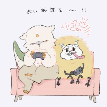 1other anoko_(chiikawa) blue_background chibikemo chiikawa commentary_request controller couch creature dekatsuyo_(chiikawa) furrowed_brow furry game_controller holding holding_controller holding_game_controller horns looking_at_another nagasode_(nagasode0123) on_couch playing_games simple_background single_horn sitting translation_request
