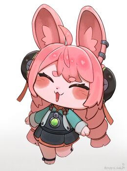 1girl :3 :d absurdres animal_ears aqua_shirt barefoot black_shirt blush body_fur braid chibi closed_eyes commentary english_commentary furry furry_female highres long_hair open_mouth pepper_gecko72 pink_fur pink_hair rabbit_ears rabbit_girl shirt short_eyebrows smile solo twin_braids very_long_hair white_background zenless_zone_zero zhao_(zenless_zone_zero)