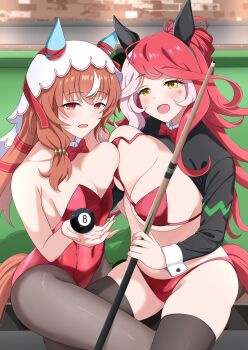 2girls 8-ball absurdres alternate_breast_size_(larger) animal_ears ball bare_arms bikini billiard_ball black_shrug black_thighhighs blush bow bowtie breast_press breasts brown_hair brown_tail cleavage commentary_request covered_navel cue_stick detached_collar ear_covers facial_mark heart heart_facial_mark highres holding holding_cue_stick horse_ears horse_girl horse_tail huge_breasts large_breasts leotard long_hair long_sleeves looking_at_viewer loves_only_you_(umamusume) multicolored_hair multiple_girls nontraditional_playboy_bunny on_table open_mouth pool_table red_bikini red_bow red_bowtie red_eyes red_hair red_leotard red_ribbon red_tail ribbon shrug_(clothing) sitting skindentation smile still_in_love_(umamusume) strapless strapless_leotard streaked_hair swimsuit symmetrical_docking table tail thighhighs thighs umamusume veil white_hair white_streaks white_veil white_wrist_cuffs wrist_cuffs y_k_(user_maxh5525) yellow_eyes