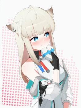 Rule 34 | 1girl, absurdres, ahoge, arknights, arknights: endfield, averting eyes, bare shoulders, black gloves, blonde hair, blue eyes, blunt bangs, blush, box, bright pupils, closed mouth, commentary, dress, garu kim, gloves, heart-shaped box, highres, holding, jacket, korean commentary, long hair, off shoulder, perlica (arknights), shy, sleeveless, sleeveless dress, solo, upper body, valentine, white dress, white jacket, white pupils