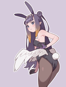 1girl absurdres animal_ears armpits ass black_leotard blush_stickers breasts commentary double_bun feet_out_of_frame from_behind from_side gloves hair_bun highres hololive hololive_english leotard long_hair looking_at_viewer low_wings mendako_(wjkgreat) ninomae_ina'nis outline playboy_bunny purple_background purple_eyes rabbit_ears rabbit_tail small_breasts solo tail tentacle_hair untranslatable_commentary virtual_youtuber white_outline wings