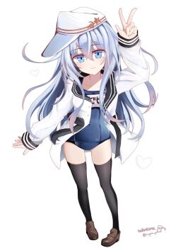 1girl blue_eyes blue_one-piece_swimsuit blush breasts collarbone commentary_request covered_navel flat_cap full_body grey_hair hair_between_eyes hammer_and_sickle hat hibiki_(kancolle) highres kantai_collection long_hair long_sleeves looking_at_viewer name_tag old_school_swimsuit one-piece_swimsuit r_you_yabai school_swimsuit school_uniform serafuku small_breasts solo swimsuit swimsuit_under_clothes thighhighs twitter_username verniy_(kancolle) white_background