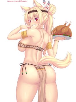 1girl animal_ears ass bare_shoulders blonde_hair blush breasts cat_ears cat_tail costume from_behind grin highres huge_ass indian large_breasts loincloth long_hair looking_at_viewer looking_back nottytiffy original ponytail red_eyes shiny_skin sideboob smile solo tail thanksgiving tiffy_(nottytiffy) turkey_(bird)